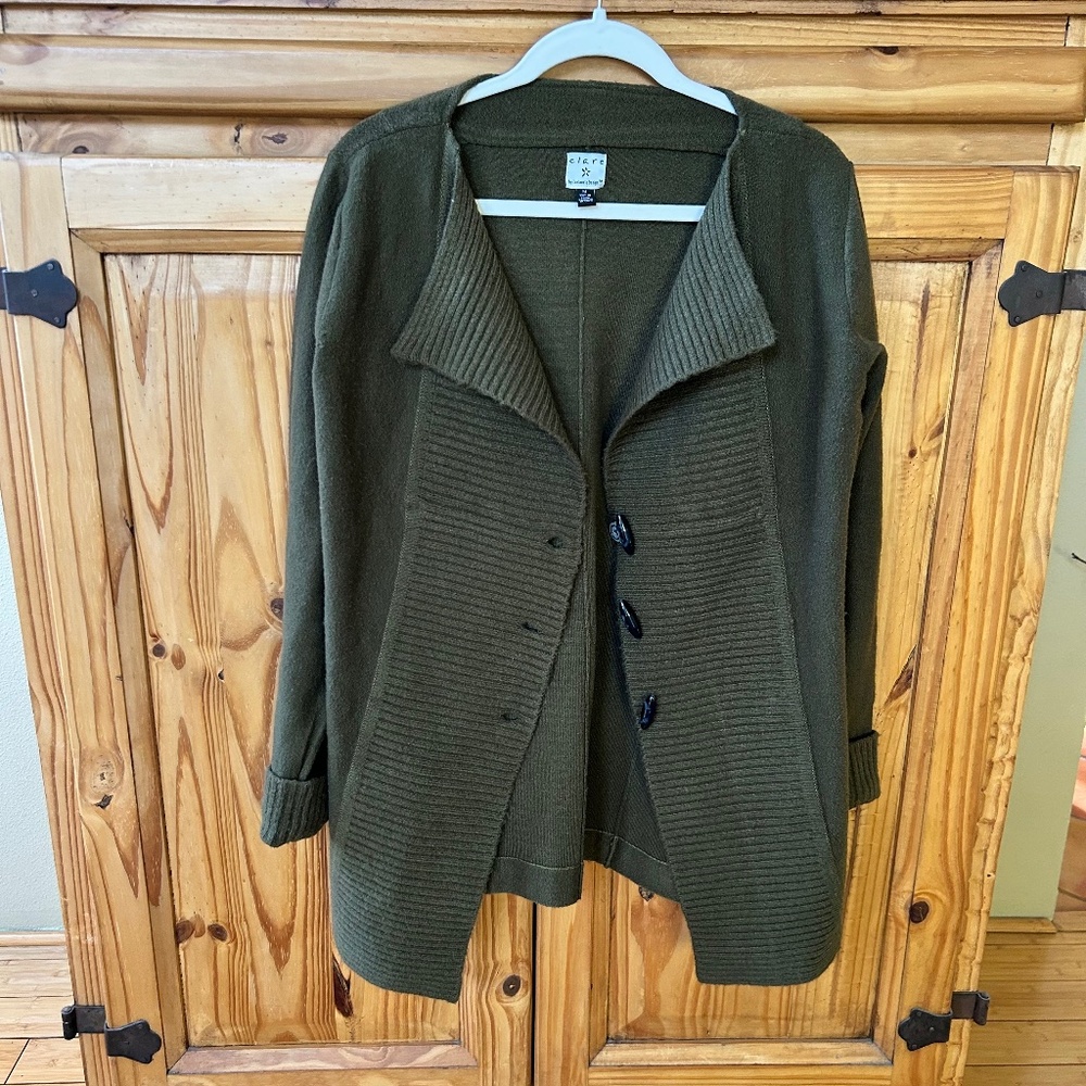 Clare Icelandic‎ Designs Cardigan Sweater Button Up Long Pockets Army Green Med